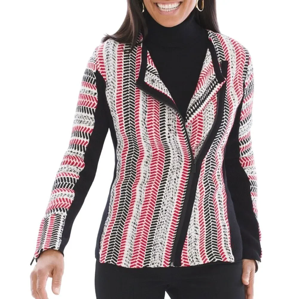 CHICOS Red‎ Black Asymmetrical Full Zip Textured Bold Moto Sofia Cardigan Size 2